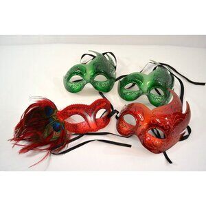 Masquerade Ball Mask Lot of 4 Red Green Glitter Peacock Feathers Plastic